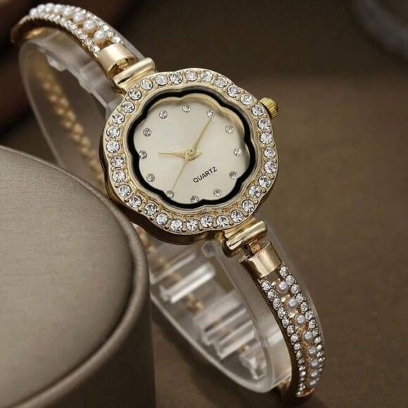 SALE 18k Gold Filled Chain Iridescent Inlay Pearl Vintage Wrist Watch - Picture 2 of 5